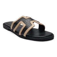 Kansas Slip On Sandals featuring a black sole and beige straps with snakeskin texture