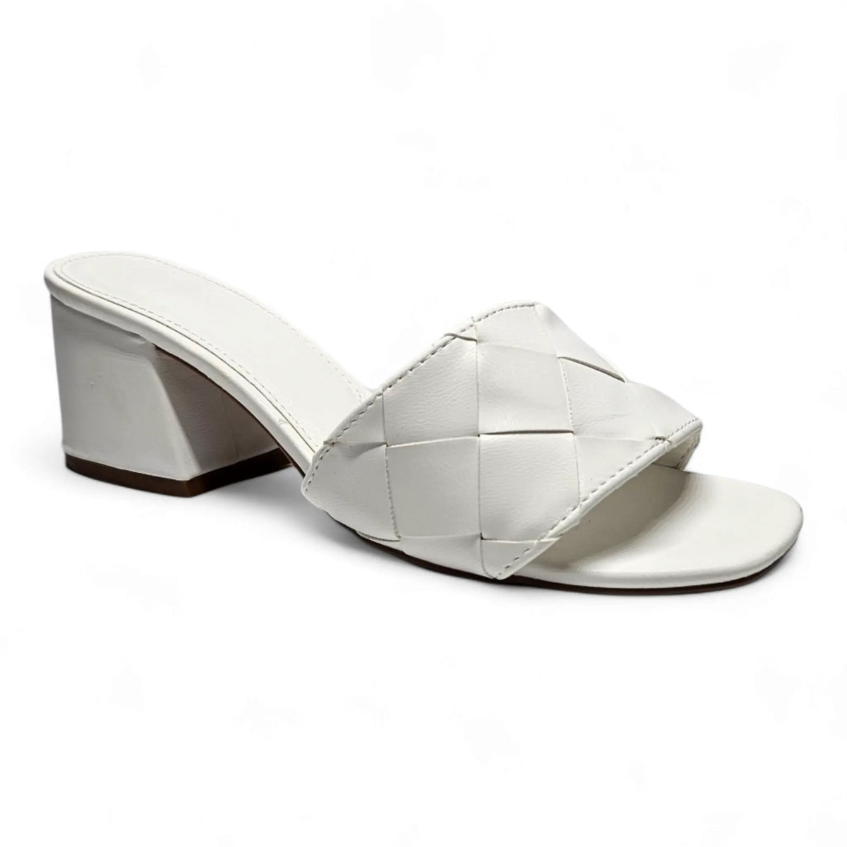 White leather slide sandal with woven upper, stylish low block heel for comfort