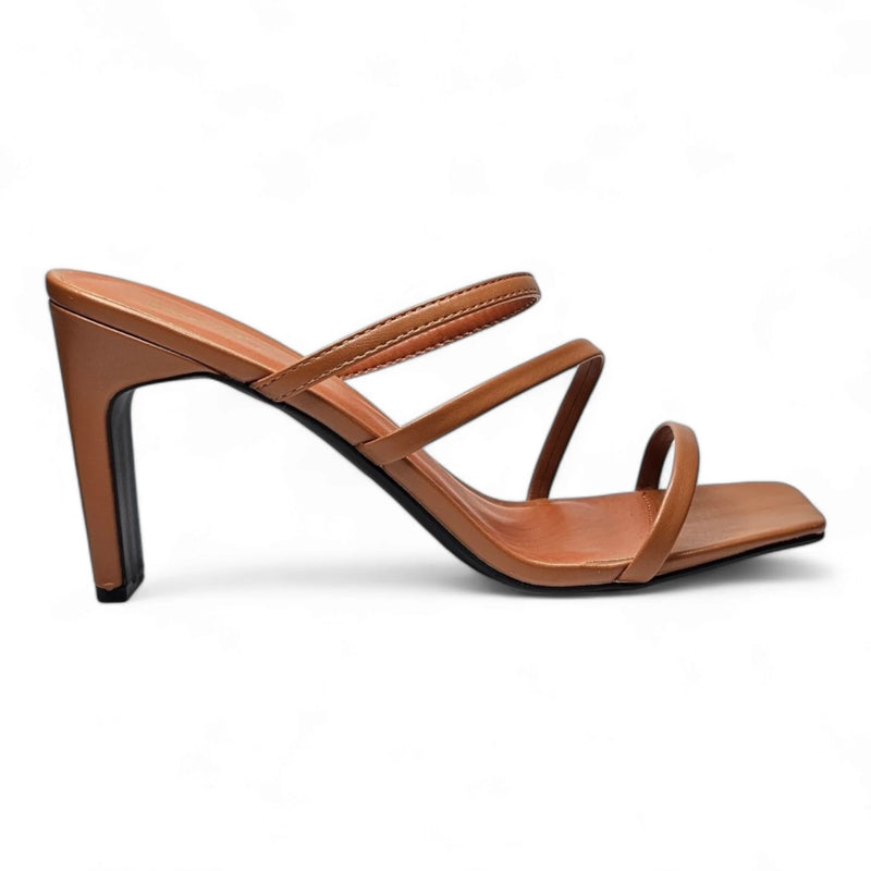 Tan leather high-heeled Kaylee Strappy Sandal with thin straps for stylish elegance