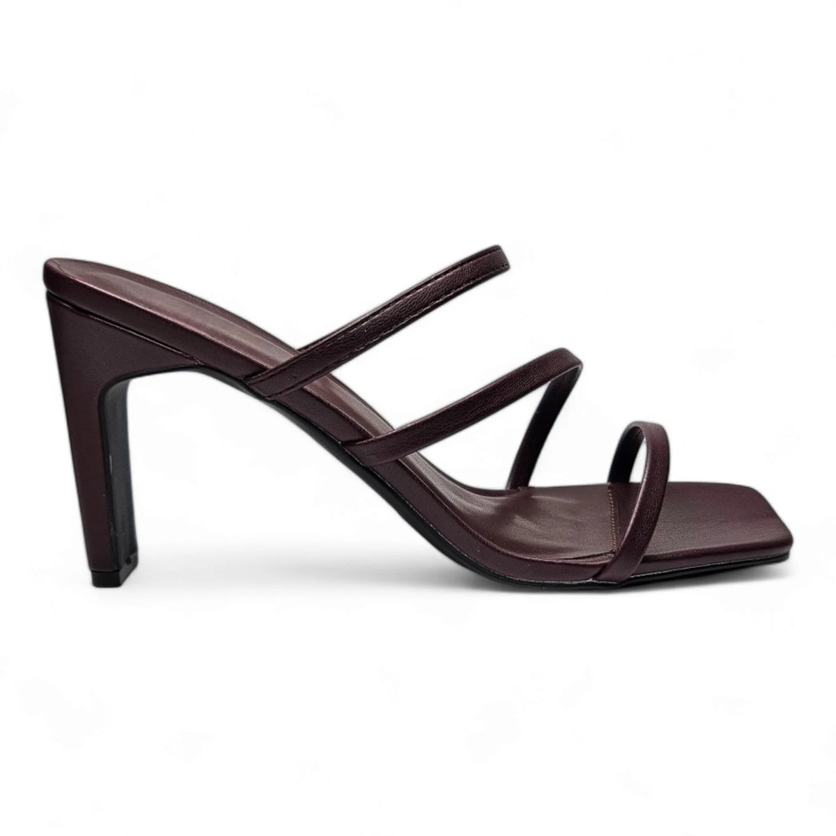 Burgundy high-heeled Kaylee Strappy Sandal with elegant thin straps