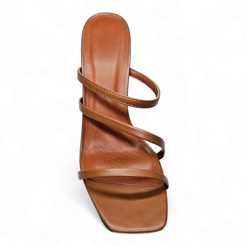 Brown leather Kaylee Strappy Sandal with square toe and high heel design