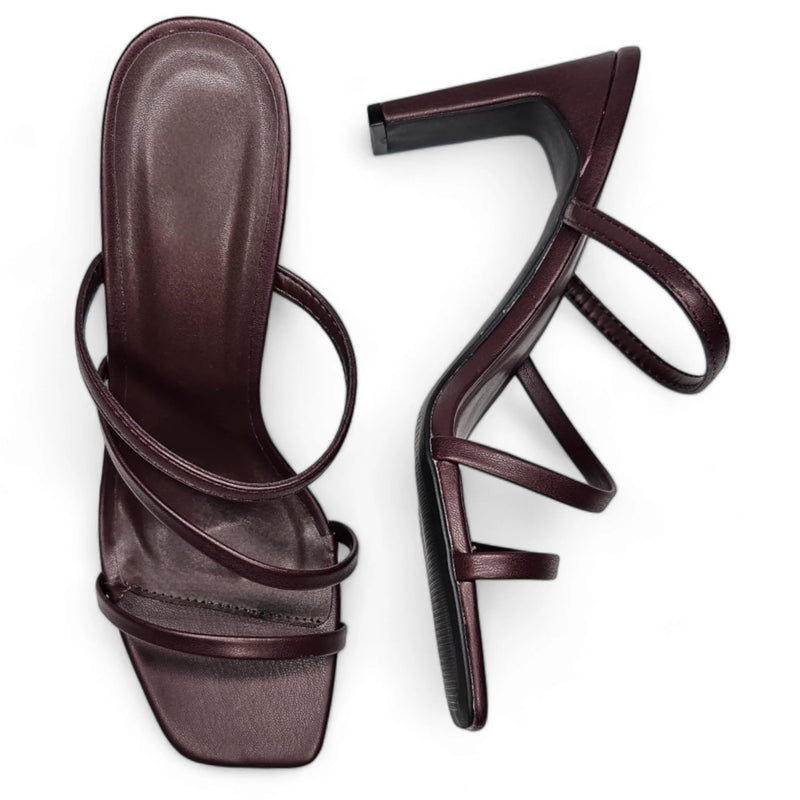 Burgundy Kaylee Strappy Sandals with high heels and square toes