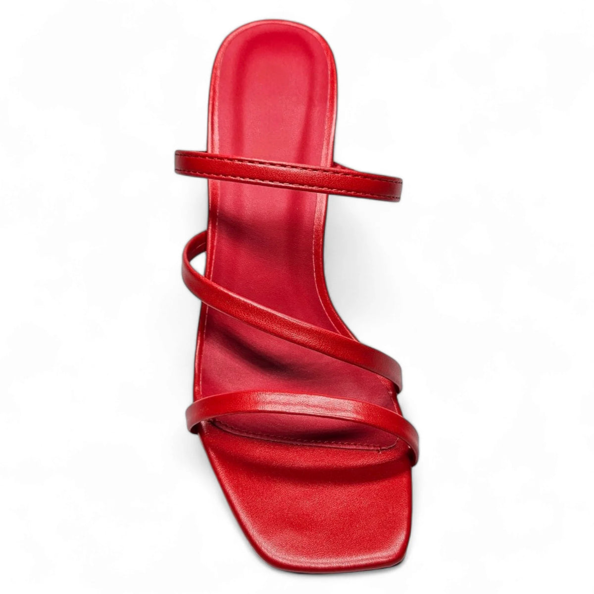 Red Kaylee Strappy Sandal featuring multiple thin straps and high heels