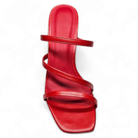 Red Kaylee Strappy Sandal featuring multiple thin straps and high heels