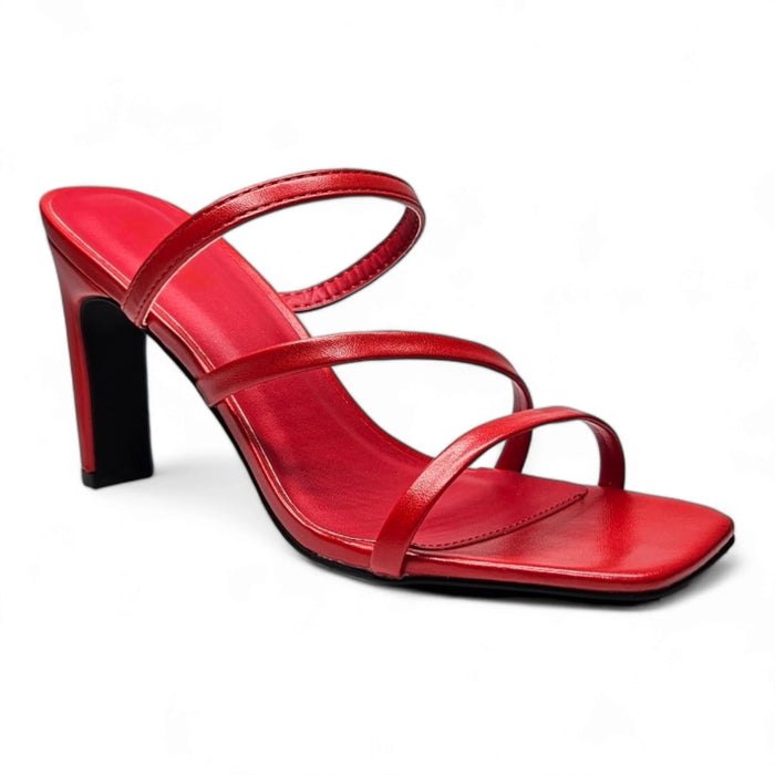 Red high-heeled Kaylee Strappy Sandal with three thin straps across the foot