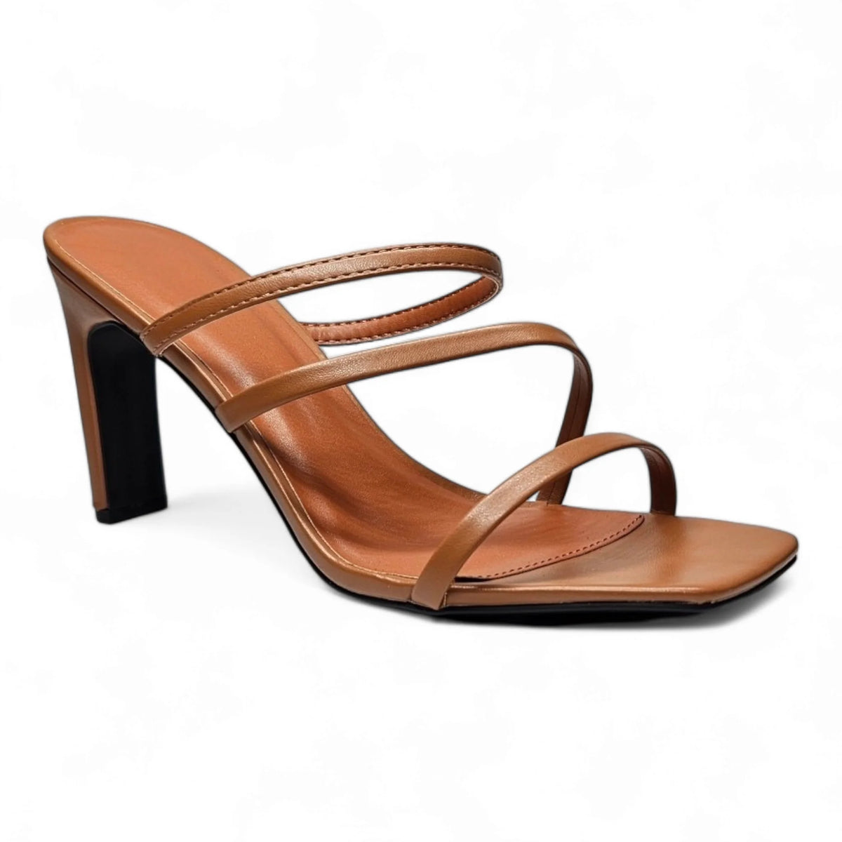 Tan leather high-heeled Kaylee Strappy Sandal with multiple thin straps