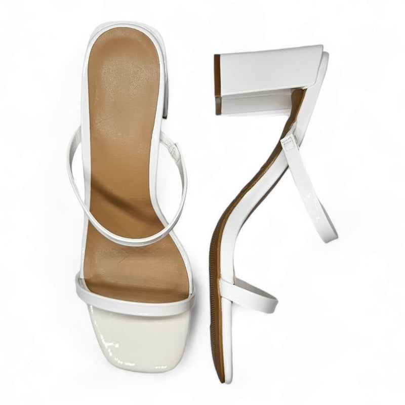 White high-heeled sandals with thin straps and square toe from Classic Double Strap Block Heel