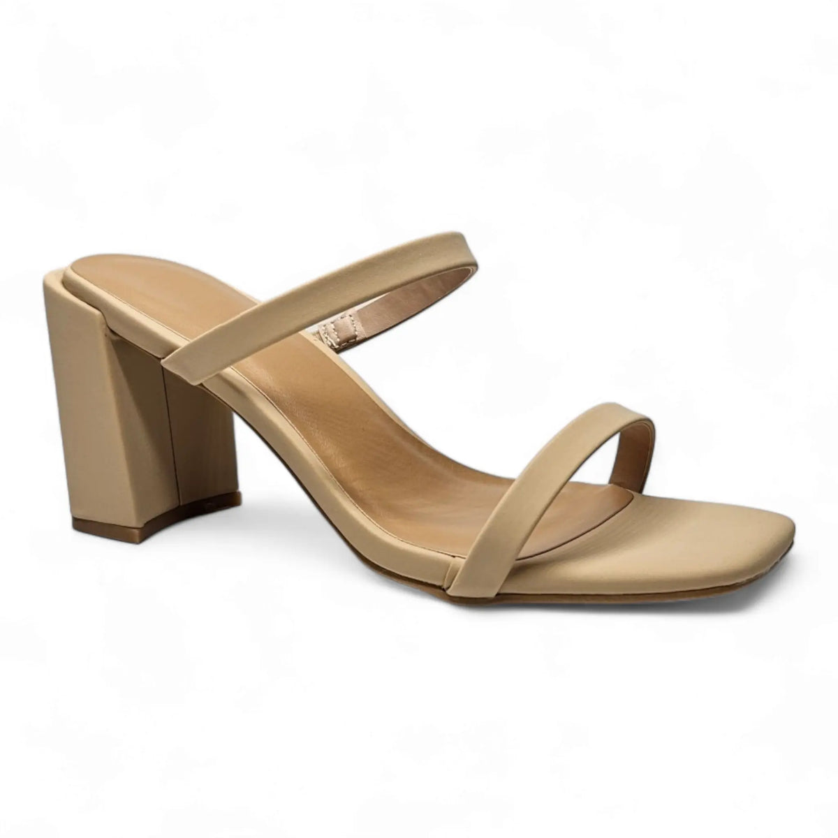 Beige high-heeled sandal with two straps and square toe from Classic Double Strap Block Heel