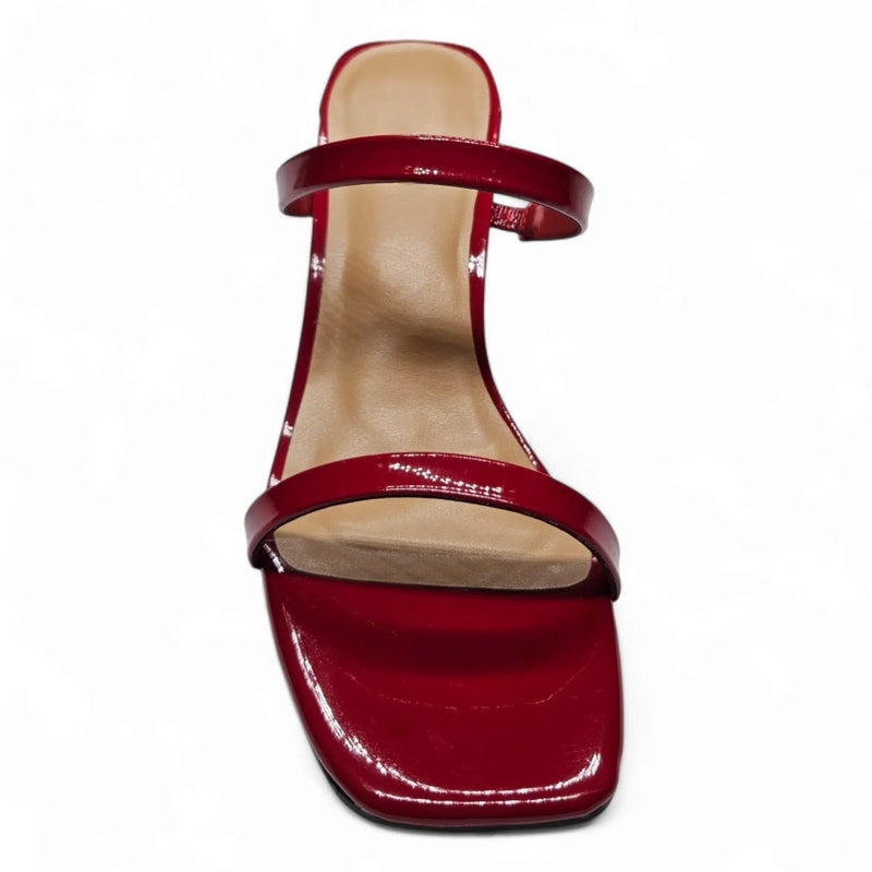 Red patent leather Kickback Classic Double Strap Block Heel with square toe design