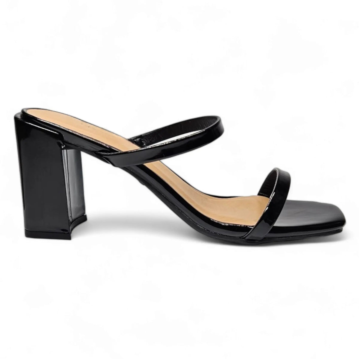 Black high-heeled sandal with two straps and chunky block heel from Classic Double Strap Block Heel