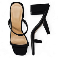 Black high-heeled sandal with thin straps and square toe from Classic Double Strap Block Heel