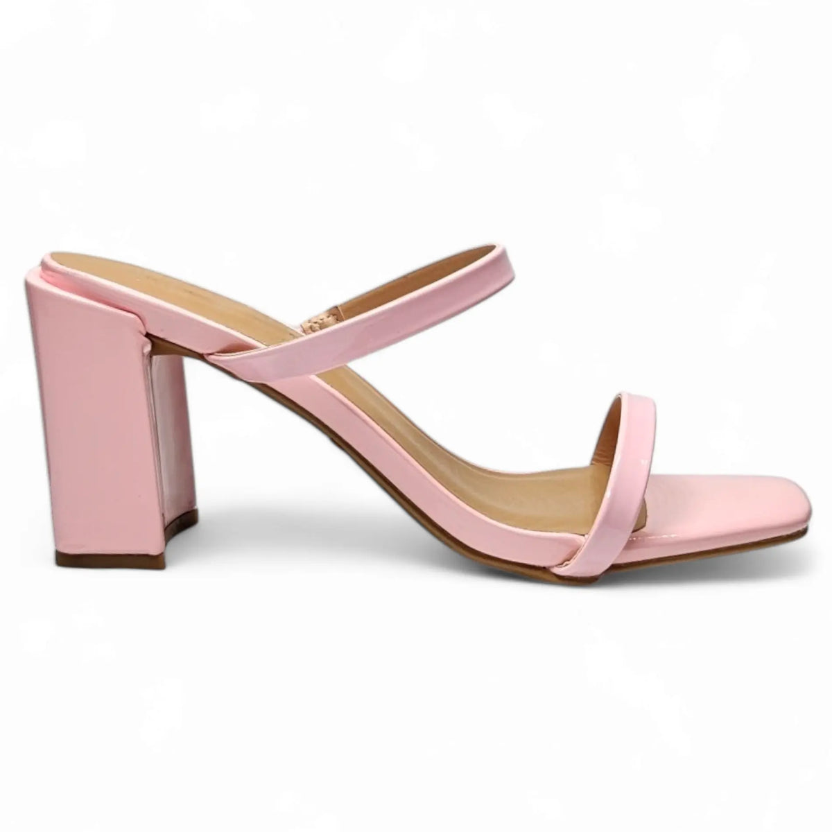 Pink high-heeled sandal with two straps and chunky heel from Classic Double Strap Block Heel