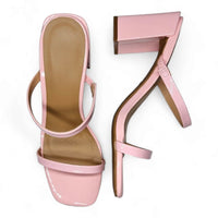 Pair of Classic Double Strap Block Heel pink high-heeled sandals with thin straps