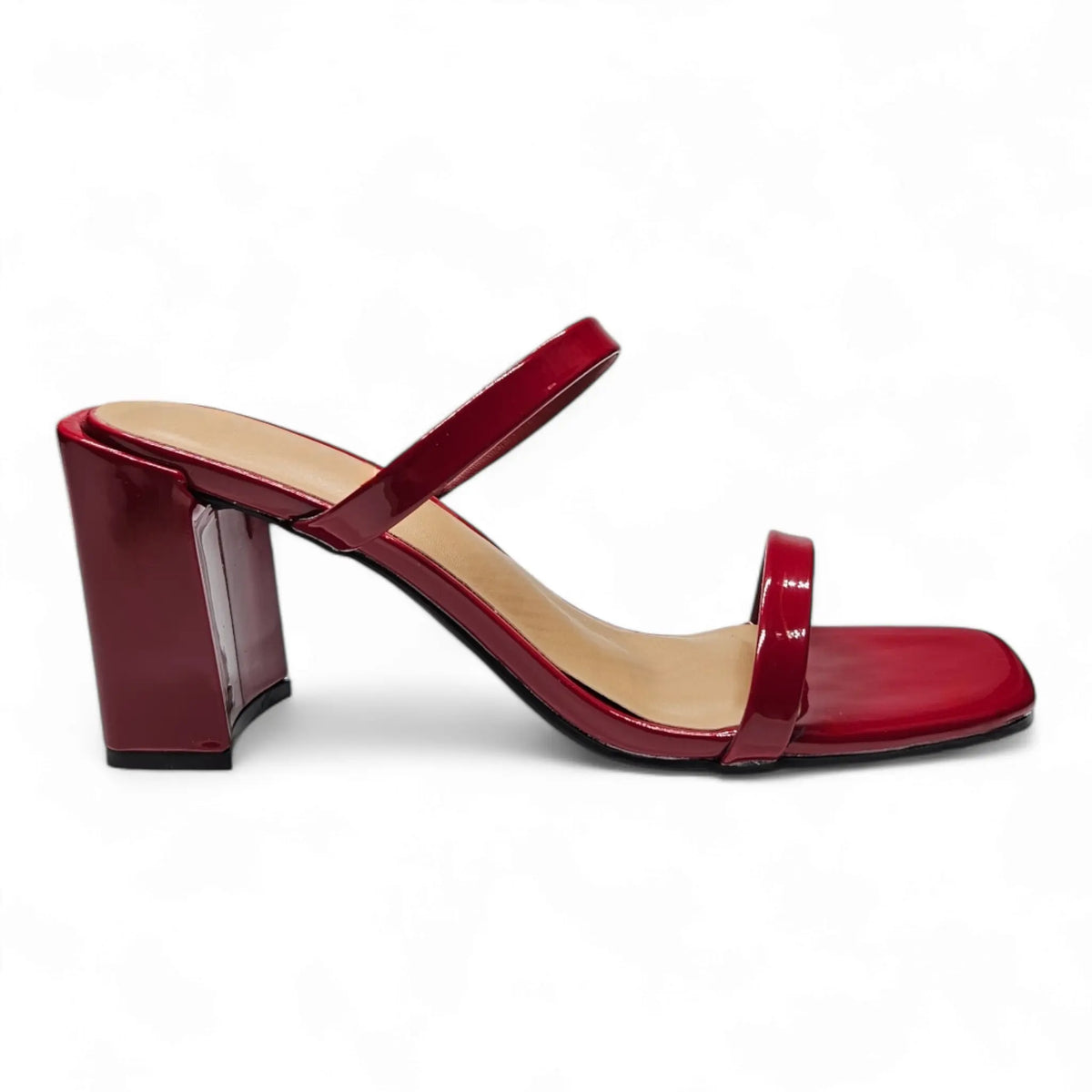 Red patent leather Kickback Classic Double Strap Block Heel sandals with two straps