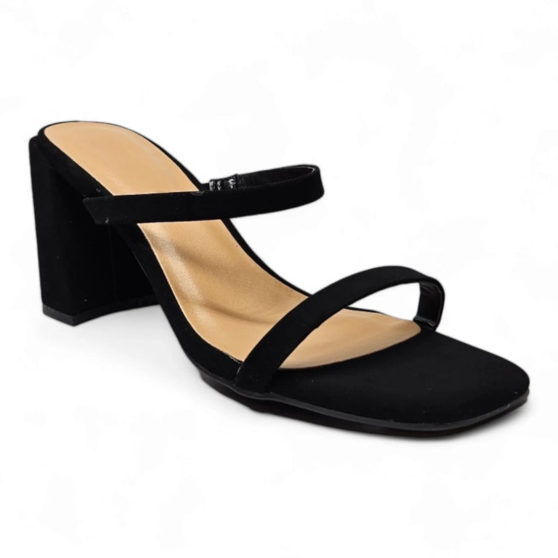 Black high-heeled sandal with double straps and square toe from Classic Double Strap Block Heel