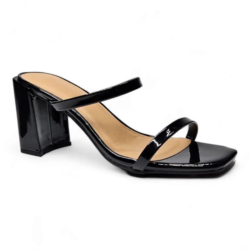 Classic Double Strap Block Heel in black patent leather with chunky heel and thin straps