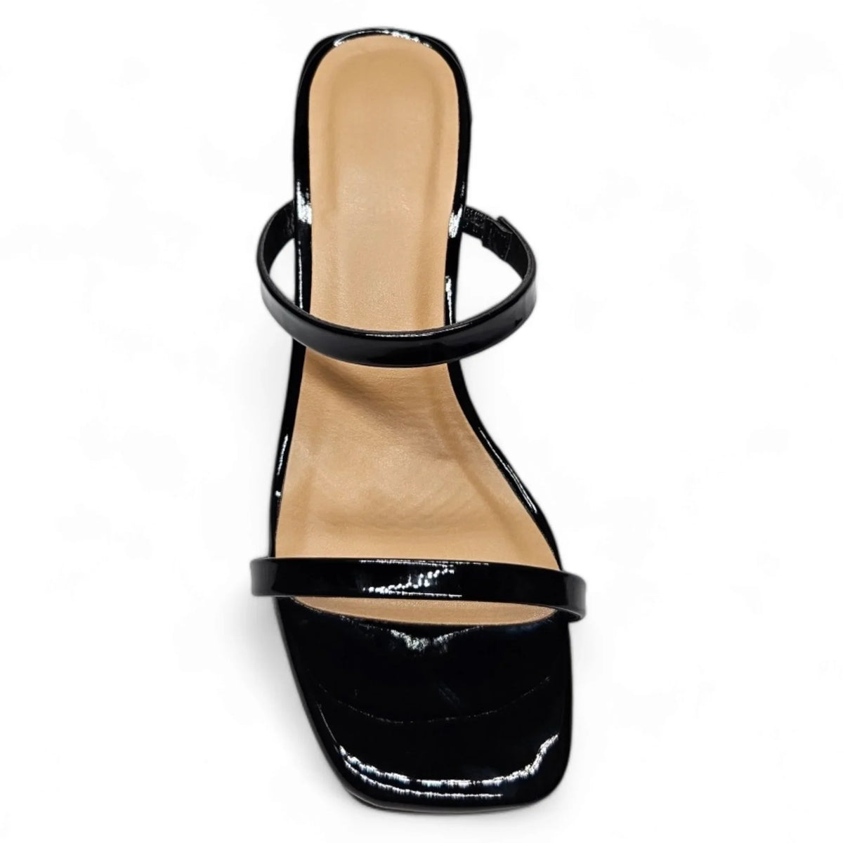 Black patent leather strappy sandal with square toe and thin heel, Classic Double Strap Block Heel