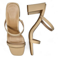 Beige high-heeled sandals with strappy design and square toe in Classic Double Strap Block Heel