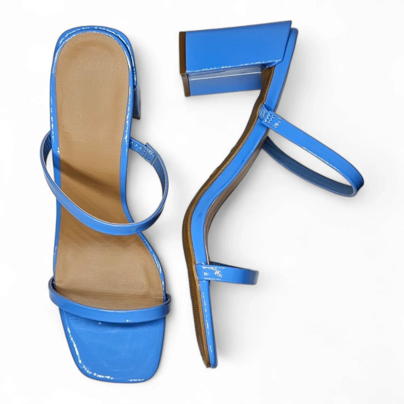 Bright blue high-heeled sandals with thin straps from Classic Double Strap Block Heel