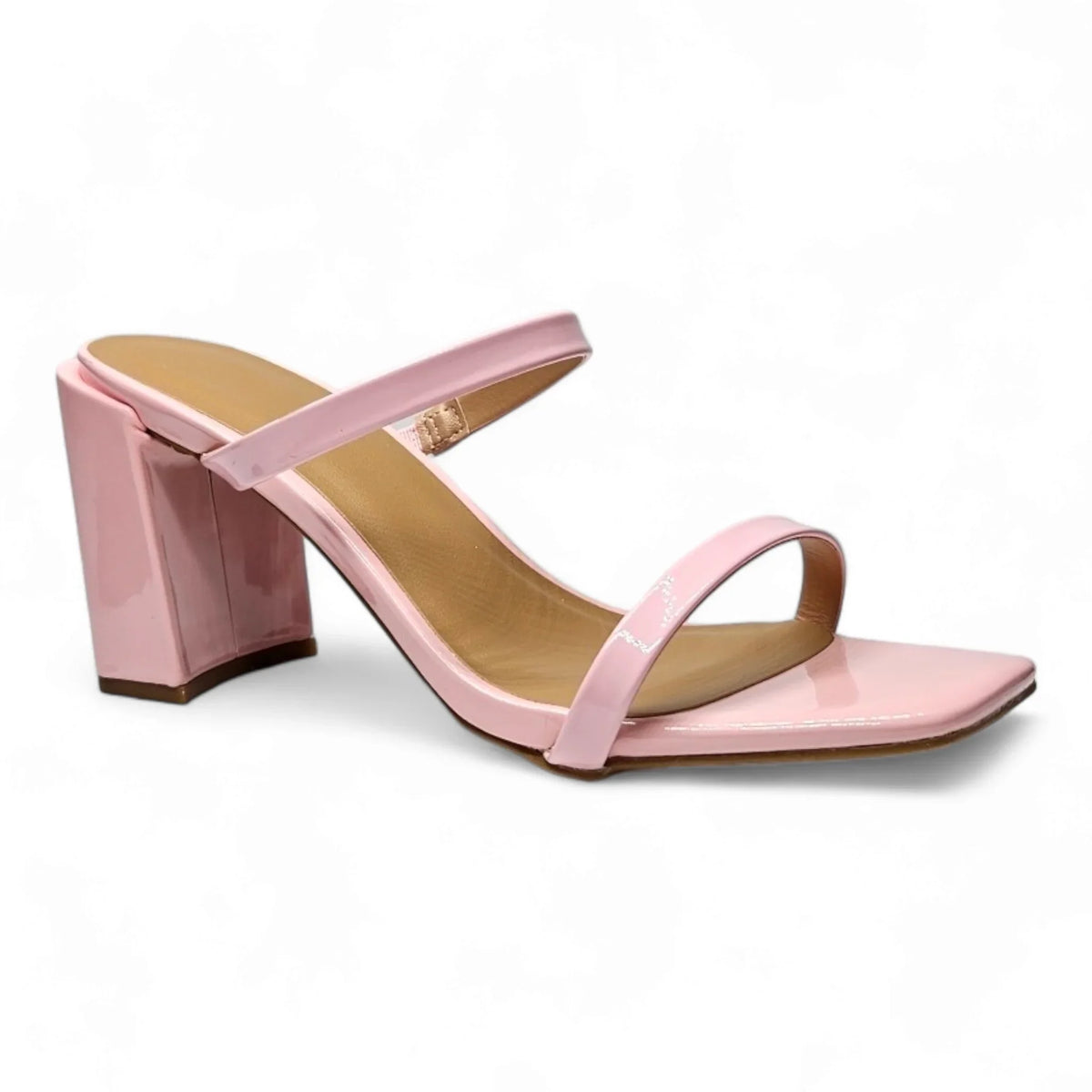 Pink high-heeled sandal with two straps and chunky square heel from Classic Double Strap Block Heel