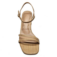 Beige woven sandal with square toe and ankle strap from Kind Cylinder Heel collection