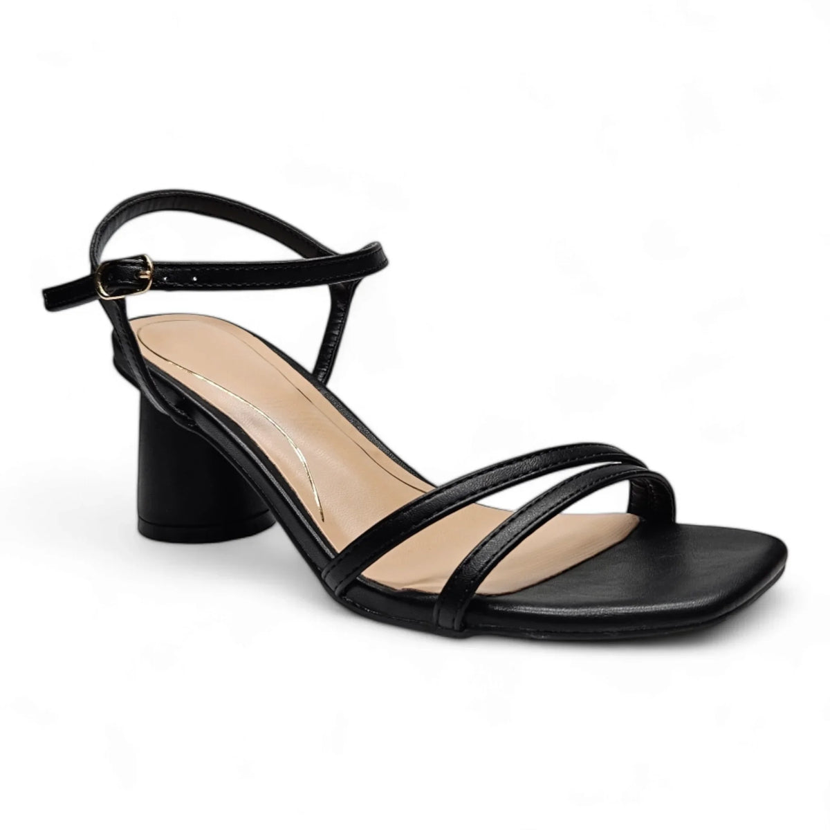 Black strappy sandal with low cylindrical heel for a secure fit and stylish look, Kind Cylinder Heel