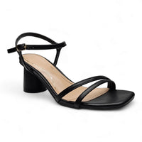 Black strappy sandal with low cylindrical heel for a secure fit and stylish look, Kind Cylinder Heel