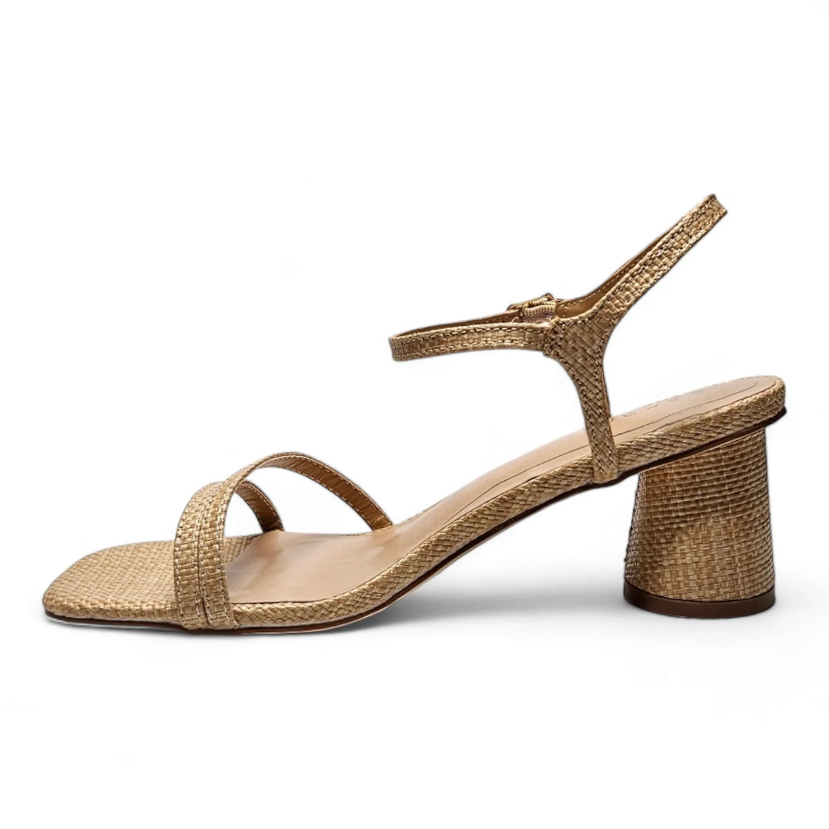 Gold-toned strappy sandal featuring a chunky cylinder heel from Kind Cylinder Heel