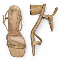 Beige woven sandals with thin straps and block heels from the Kind Cylinder Heel collection