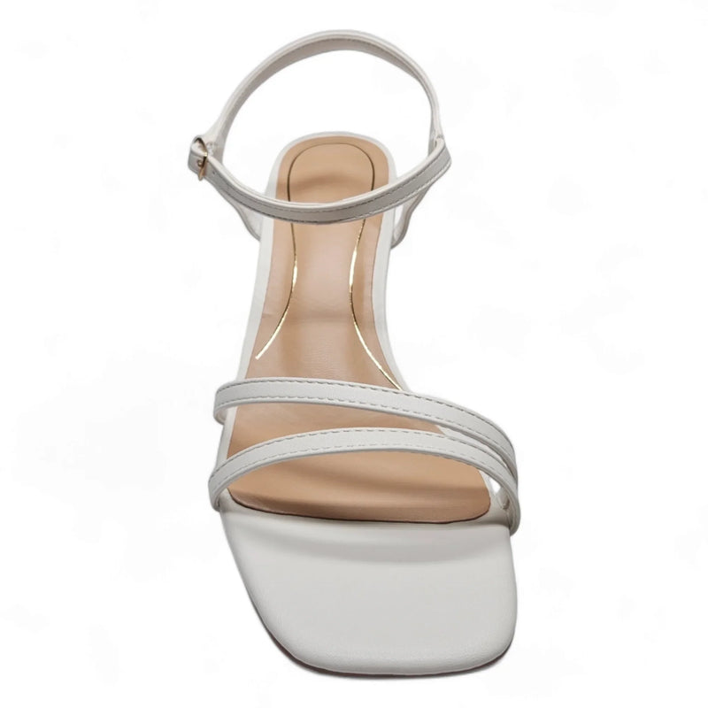 White strappy sandal with square toe, low heel, and secure fit, Kind Cylinder Heel