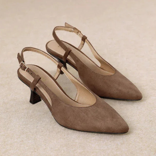 Kitty Pointed-Toe Slingback Soft Suede Heel - Brown