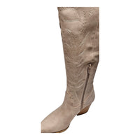 Beige leather knee high cowgirl boot with decorative stitching and side zipper