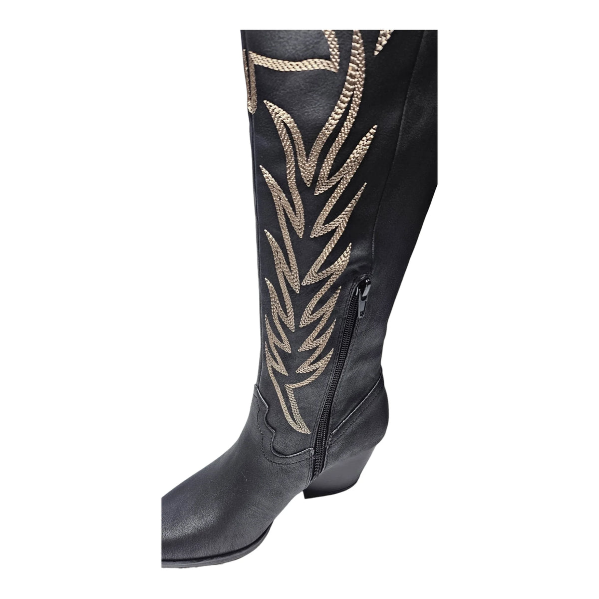 Black leather knee high cowgirl boot with gold leaf pattern stitching