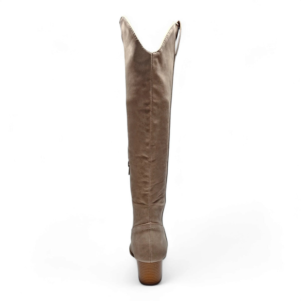 Tall brown leather knee high cowgirl boot with wooden heel for stylish western wear