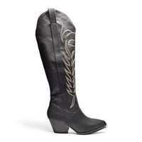 Black leather knee high cowgirl boot featuring decorative stitching on the shaft