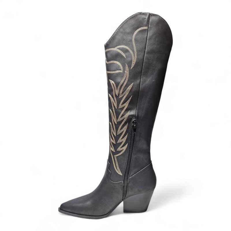 Black leather knee high cowgirl boot with embroidered design and angled heel