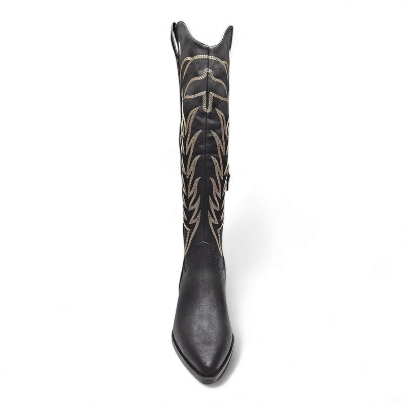 Black leather knee high cowgirl boot featuring decorative stitching on the shaft