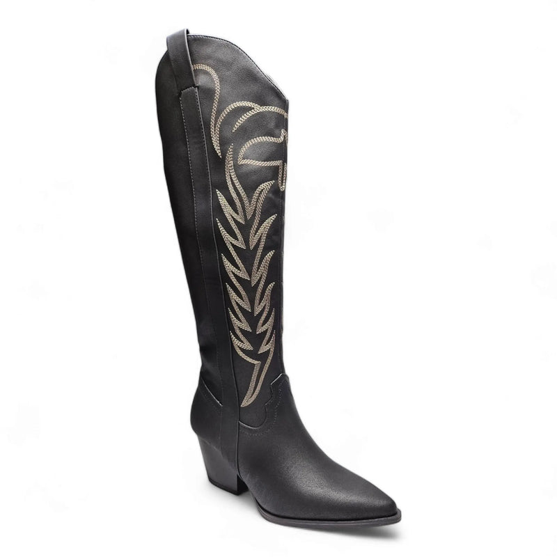 Black leather knee high cowgirl boot with decorative stitching on the shaft