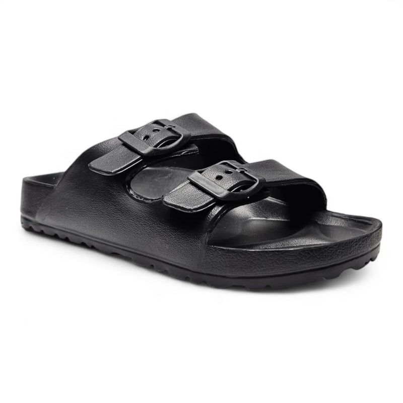 Black double strap sandal featuring two adjustable buckle straps for a comfortable fit