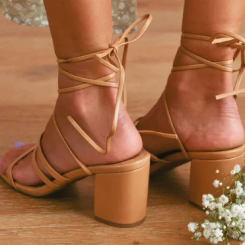 Strappy tan block heel sandals with ankle ties from Lace Up Heel collection