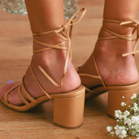 Strappy tan block heel sandals with ankle ties from Lace Up Heel collection