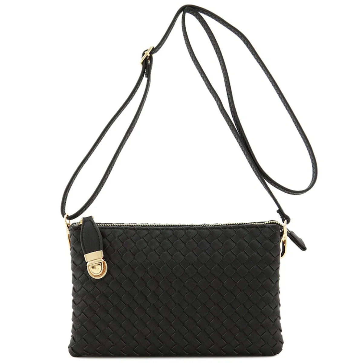 Black woven leather crossbody bag with gold hardware from the Large Woven Buckle collection