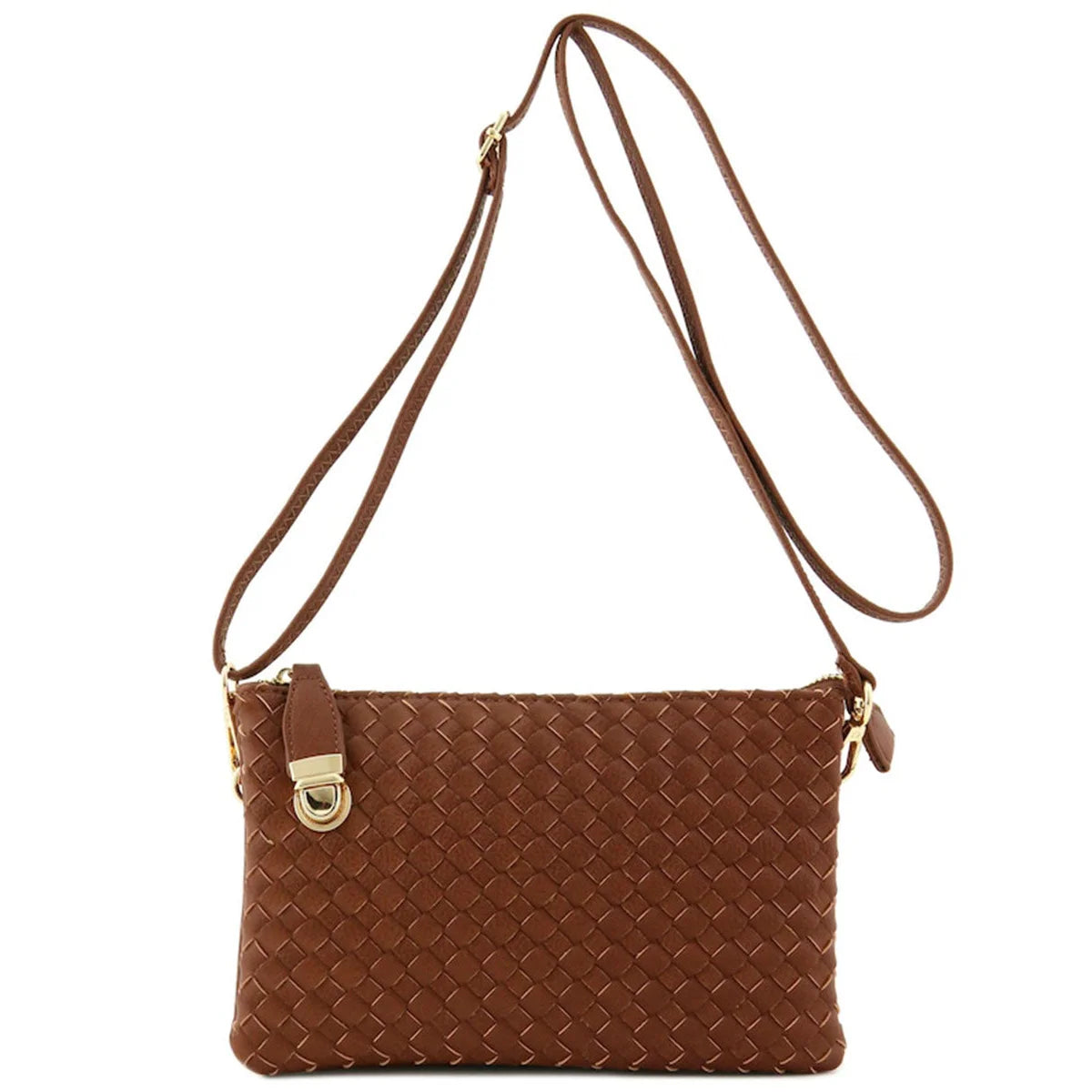 Brown woven leather crossbody bag with gold-toned clasp, perfect large woven buckle accessory