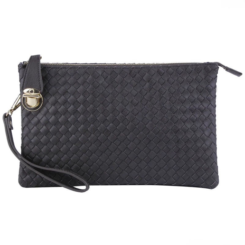 Black woven leather clutch purse with wrist strap for the Large Woven Buckle Bag