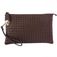 Brown woven leather clutch bag with wrist strap for the Large Woven Buckle Bag