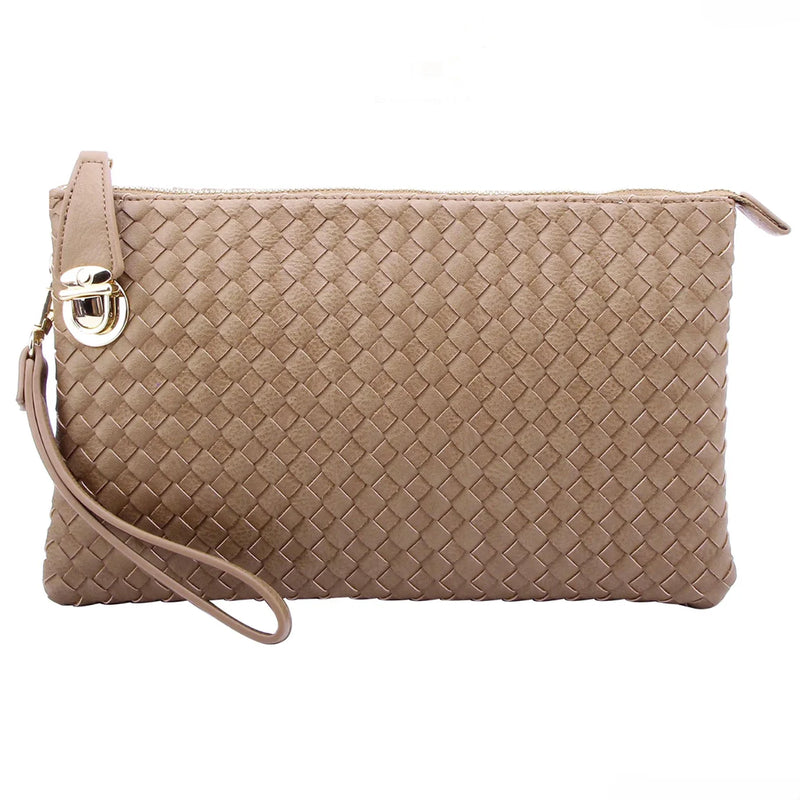 Taupe Woven Leather Clutch Purse with Wrist Strap for Large Woven Buckle Bag