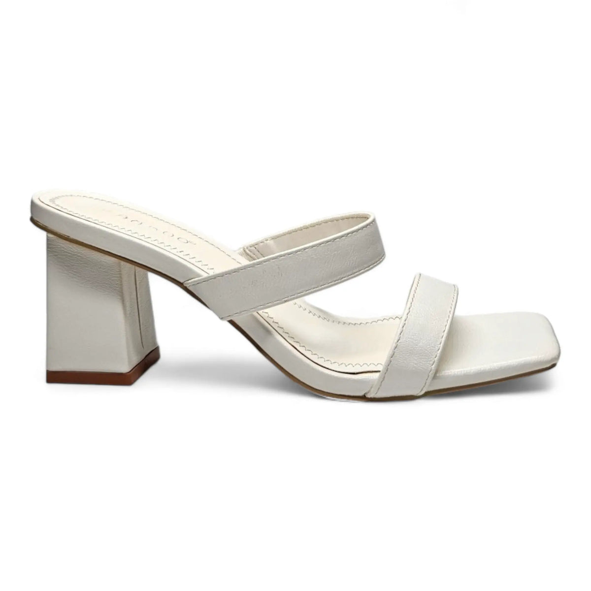 White leather Double Band Squared Heel sandal with a chunky square heel and two straps