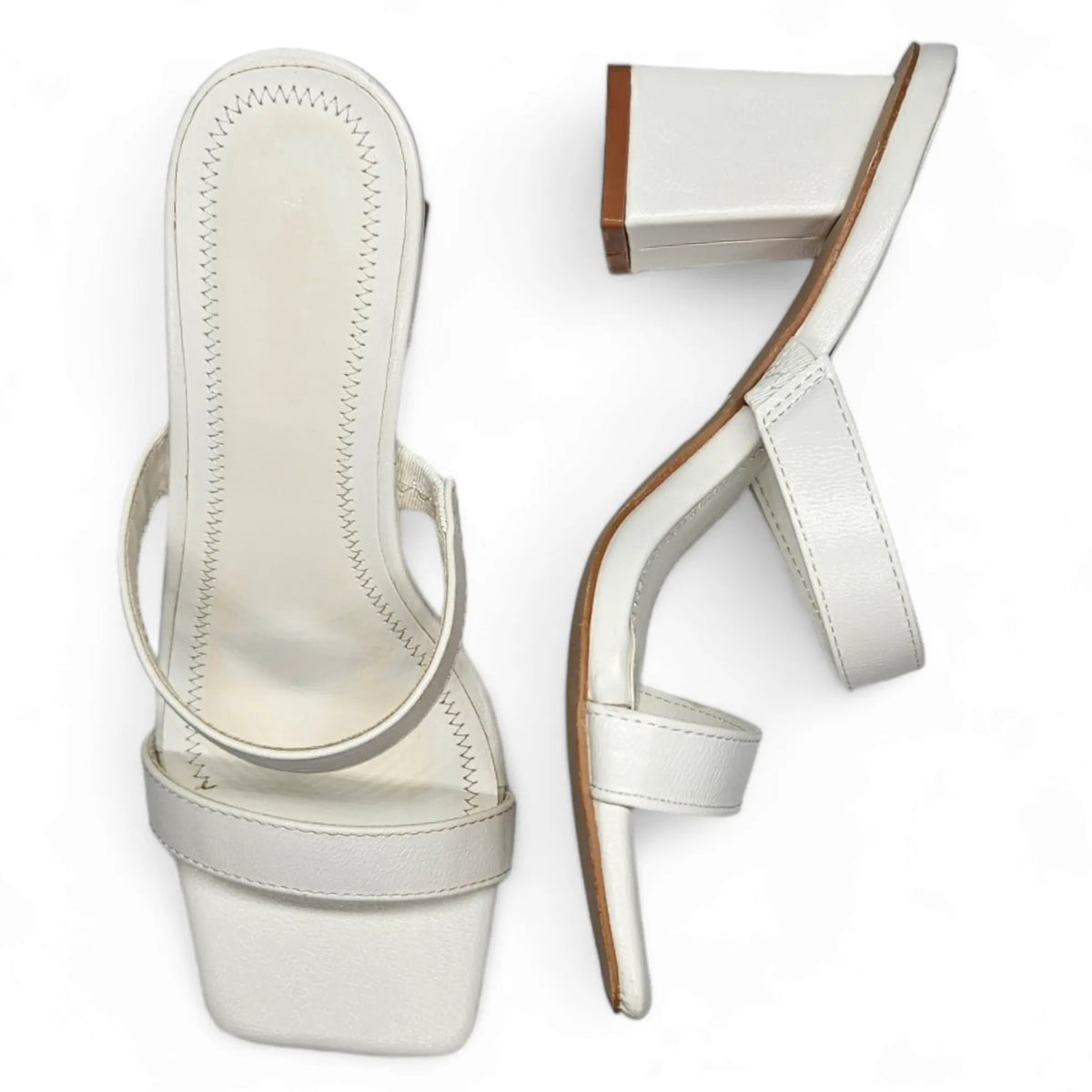 White leather sandals with square toe and low block heel from Double Band Squared collection