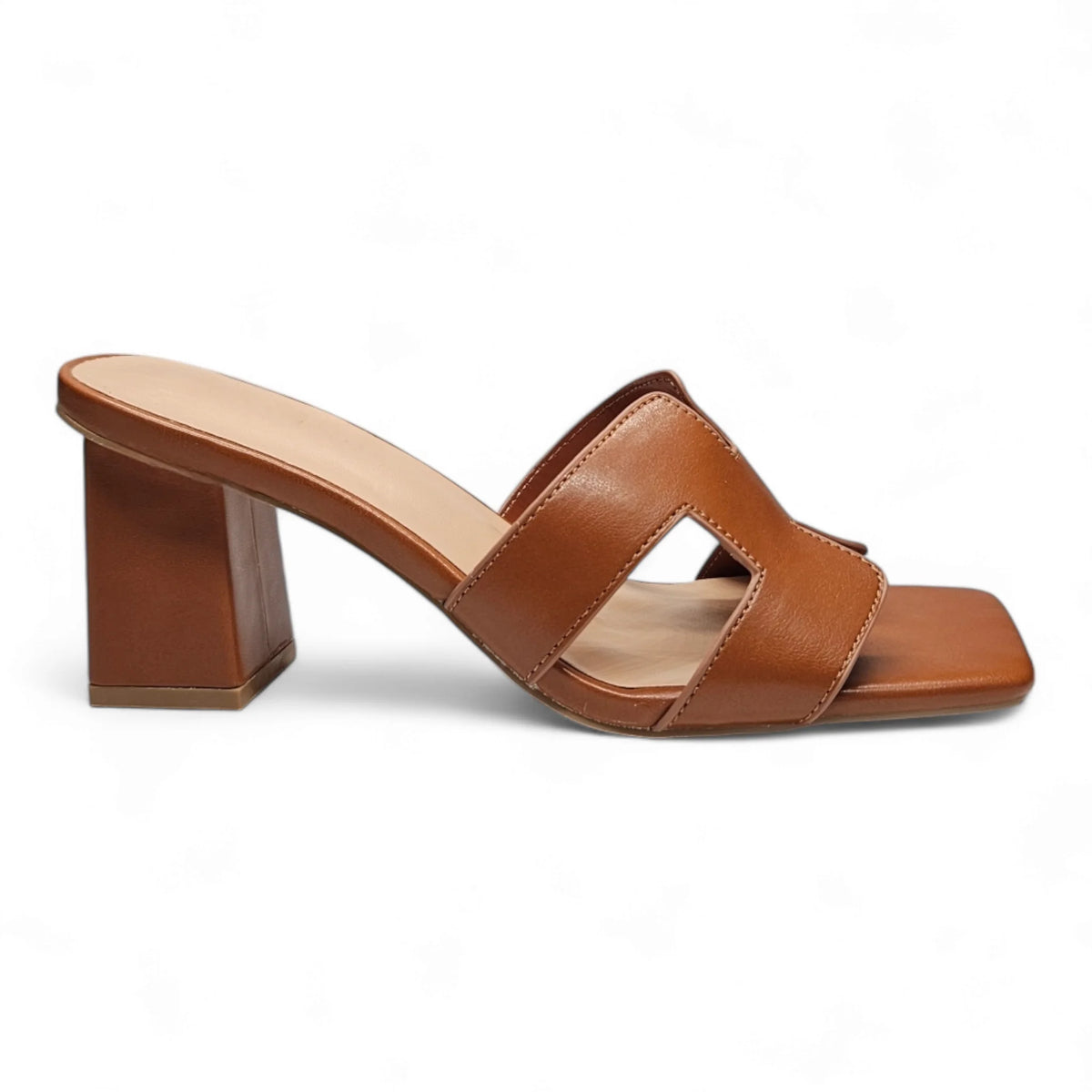 Brown leather Lasting H Band Slide Sandal with chunky heel and padded insole