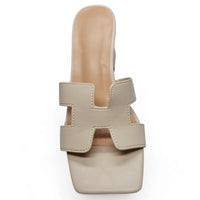 Beige leather Lasting H Band Slide Sandal with H-shaped cutout and padded insole